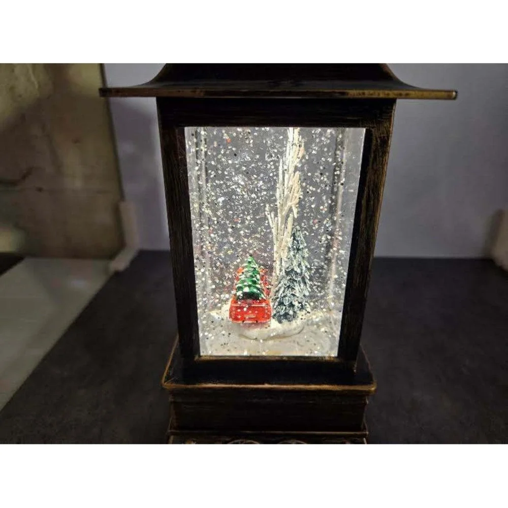 Christmas Red Truck Snow Globe Lantern Bronze Glitter Water Lighted Musical